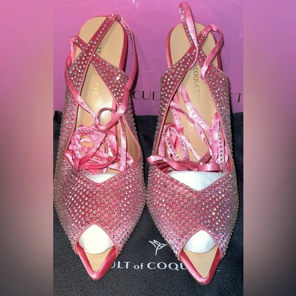 NIB CULT OF COQUETTE KIM PINK SATIN CRYSTAL OPEN TOE HEELS SHOES SIZE 10 - Picture 3 of 13